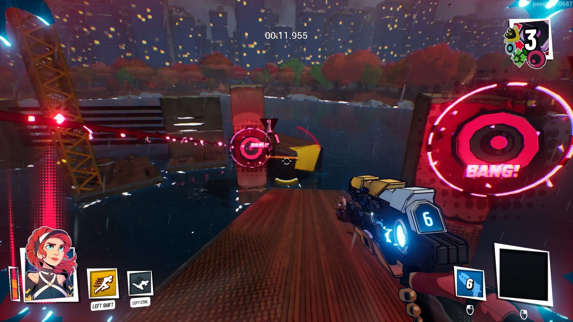 Cảnh gameplay JETRUNNER với phong cách đồ họa cel-shaded nổi bật, nhân vật di chuyển nhanh trong môi trường phức tạp.