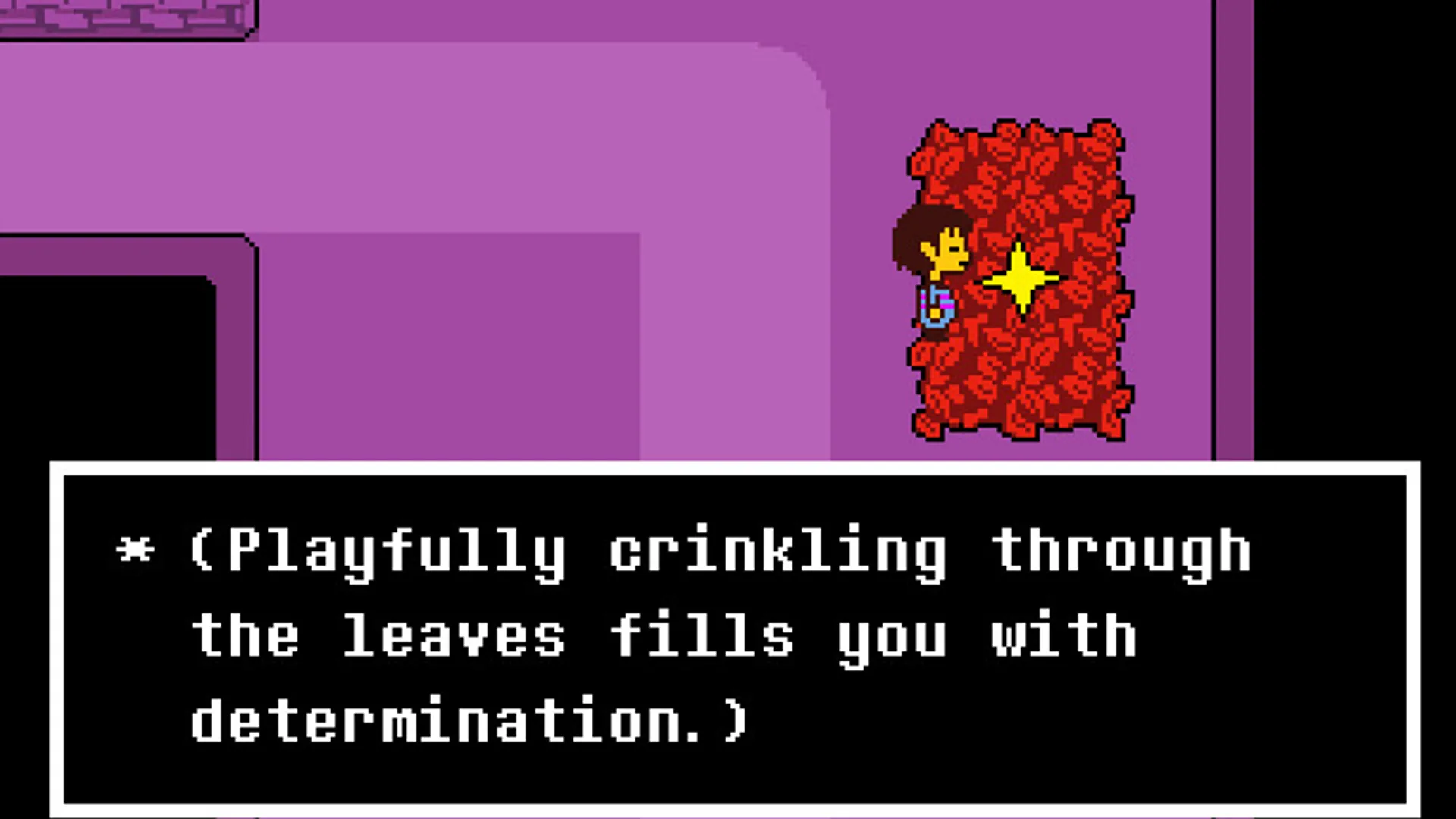 Cảnh lưu game giữa đống lá khô trong Undertale, hình ảnh 8-bit đặc trưng của game RPG độc lập.