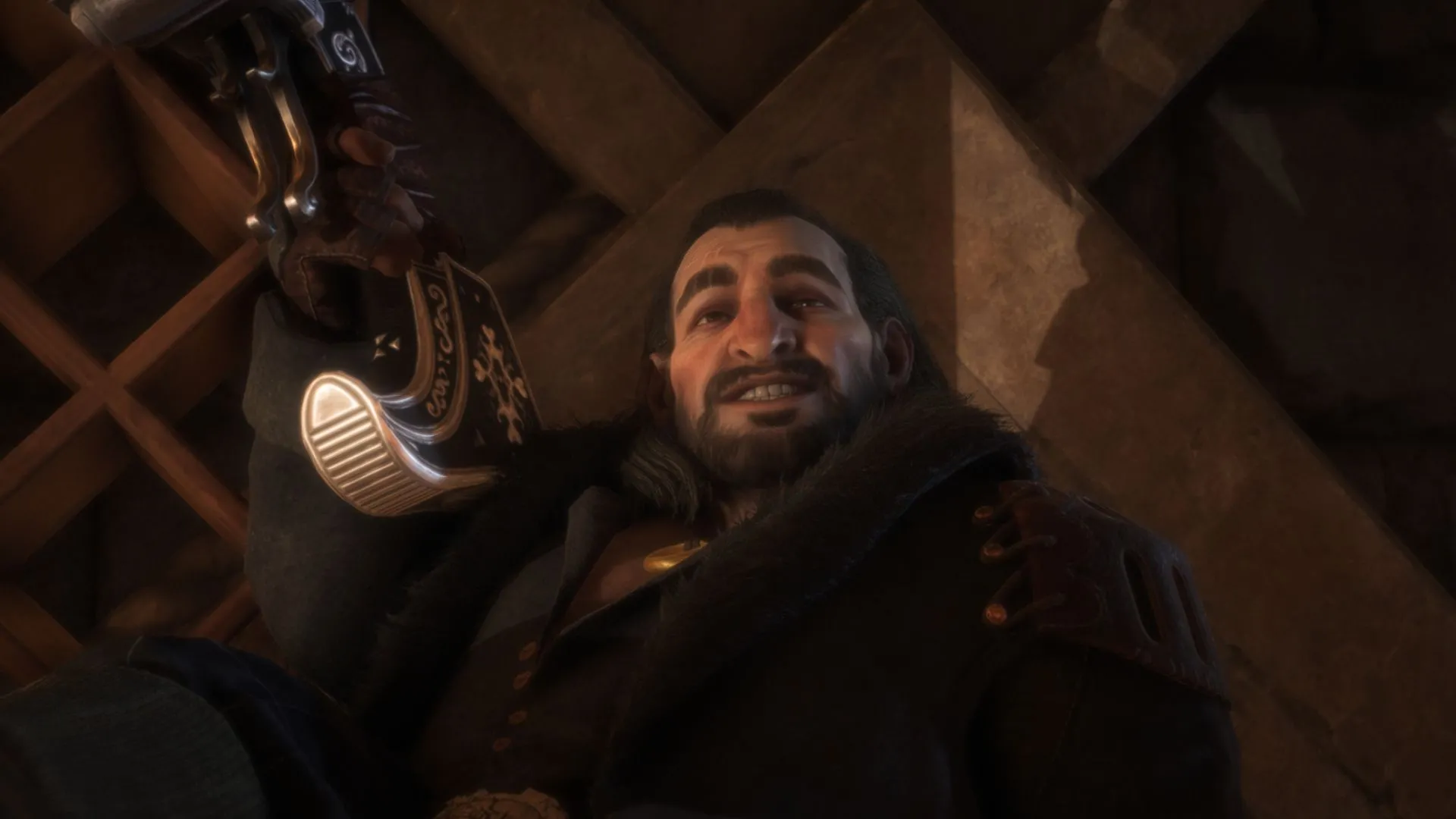 Chân dung cận cảnh Varric Tethras, người lùn Rogue với nụ cười đặc trưng và cây nỏ Bianca trong Dragon Age: The Veilguard.