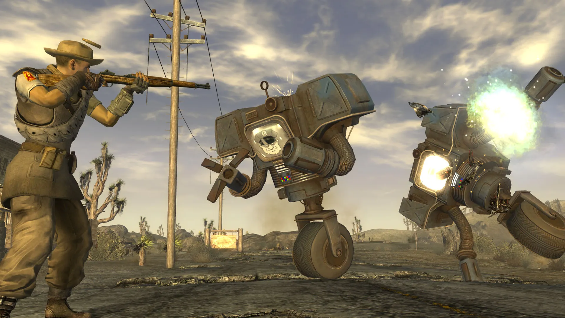 Chiến đấu với Securitron trong Fallout: New Vegas, cảnh hành động trong bối cảnh hậu tận thế.