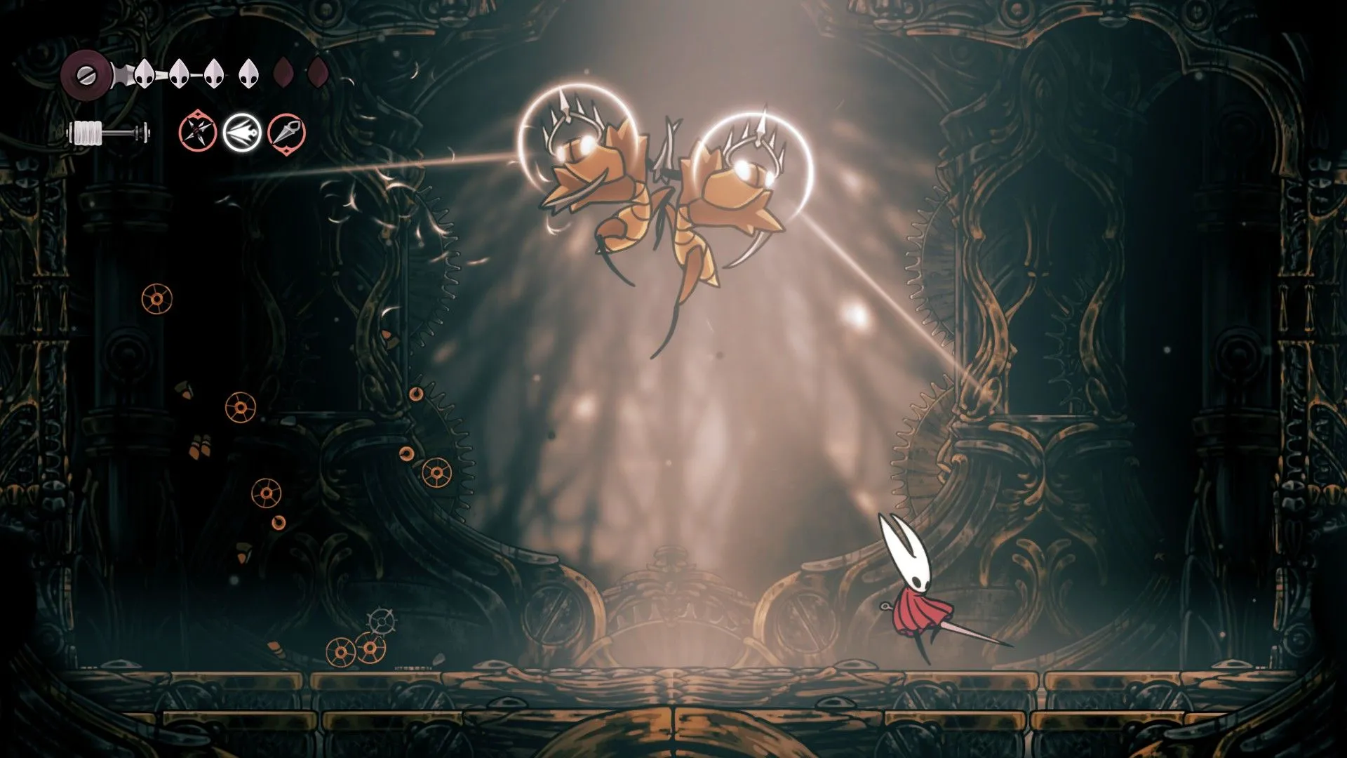 Cogwork Dancers phối hợp tấn công phức tạp tại Cogwork Core trong Hollow Knight Silksong