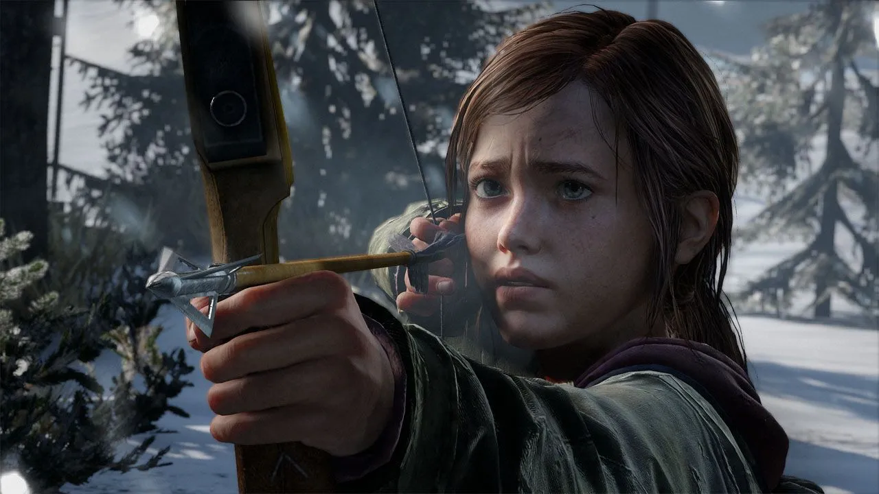 Ellie cầm cung trong bối cảnh mùa đông tuyết phủ, The Last of Us, game hành động phiêu lưu cốt truyện