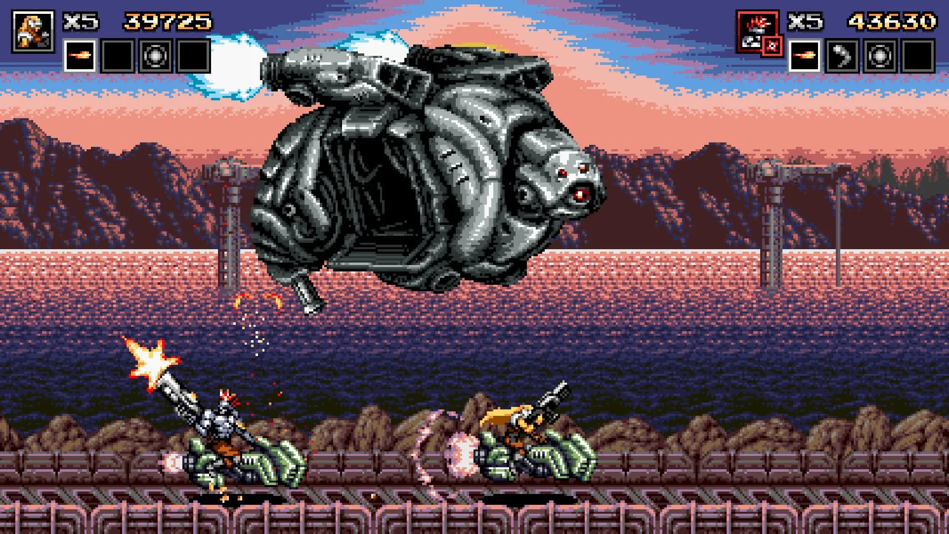 Gameplay Blazing Chrome với đồ họa pixel art chi tiết và những pha hành động bắn súng liên tục.