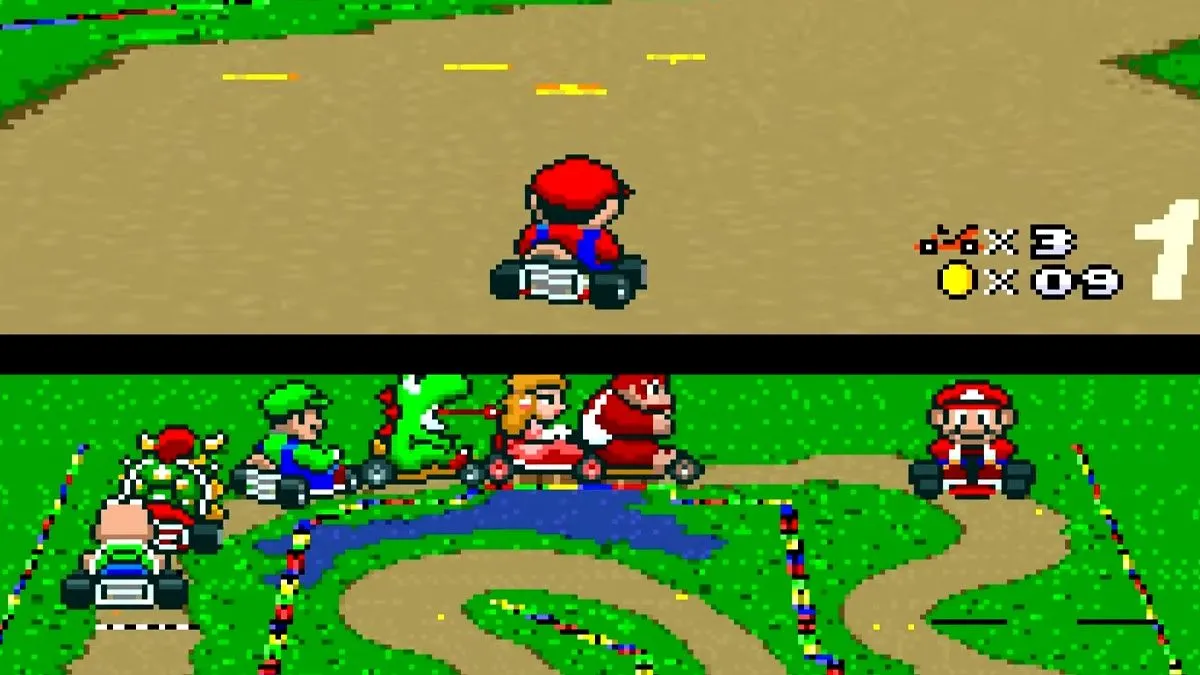 Gameplay Super Mario Kart với Mario và các nhân vật khác đang đua