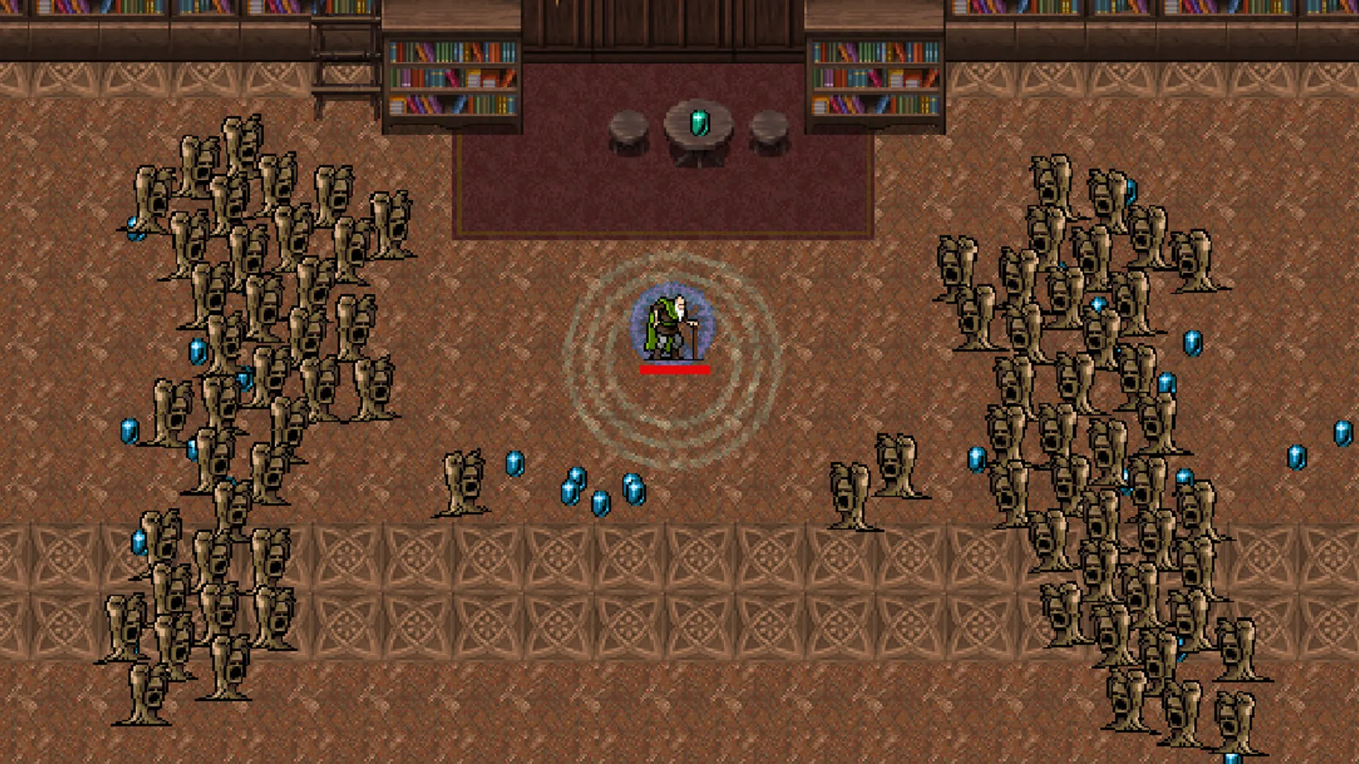 Gameplay Vampire Survivors, màn hình tràn ngập đạn và hiệu ứng phép thuật, minh họa lối chơi roguelike sinh tồn.