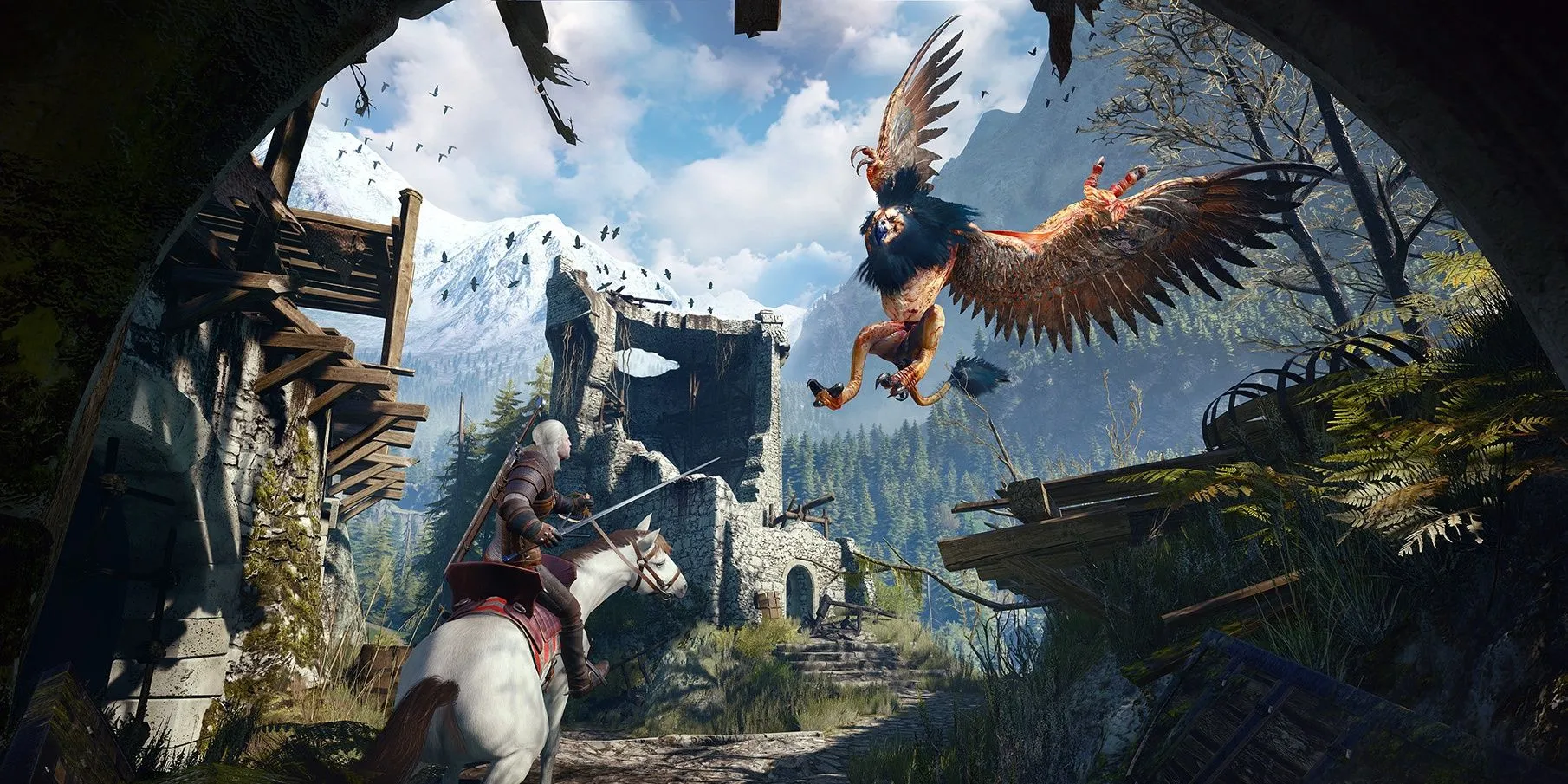 Geralt chiến đấu với quái vật khi cưỡi ngựa trong The Witcher 3, minh họa gameplay hành động thế giới mở.
