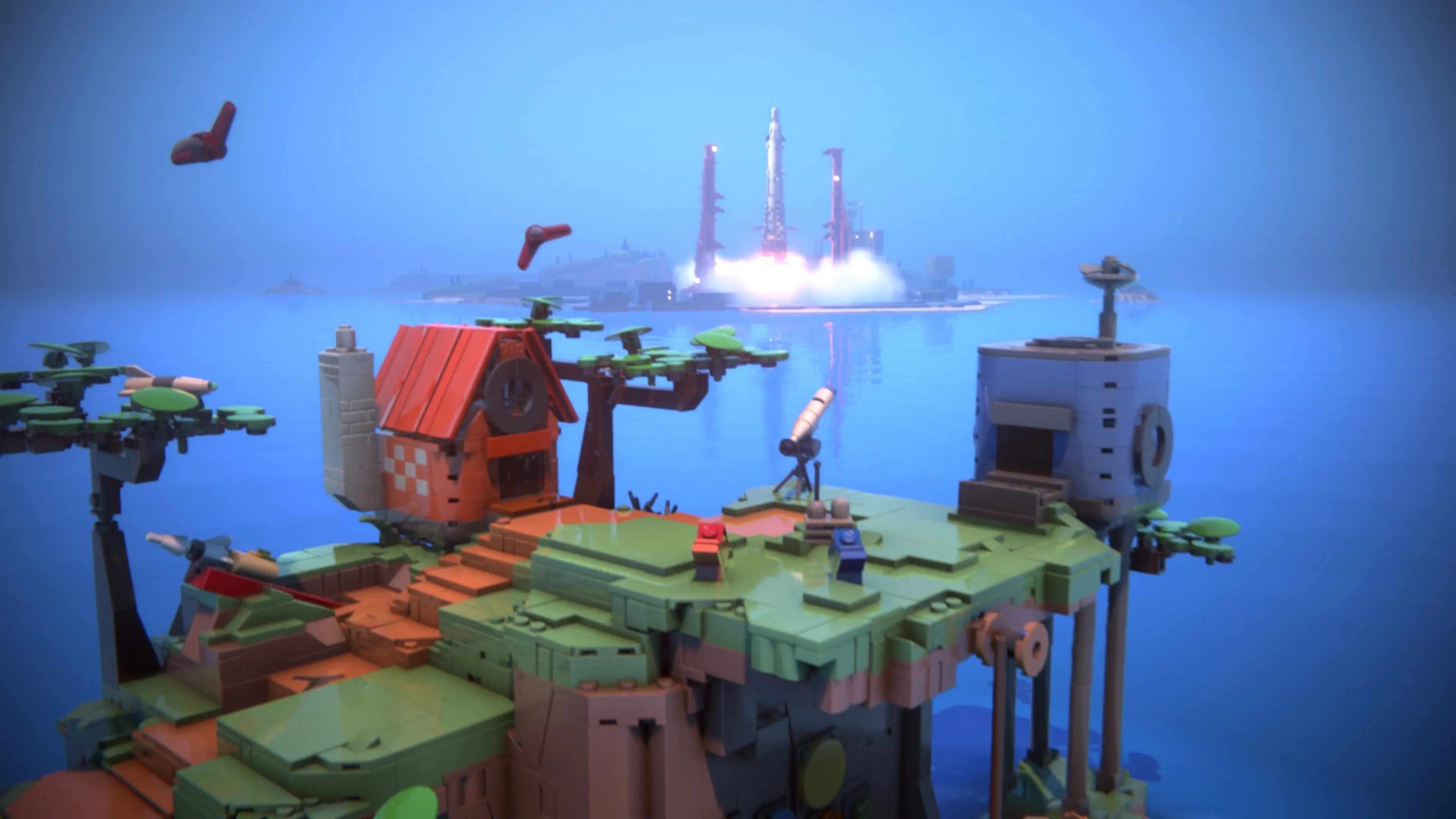Hai khối LEGO nhân vật chính trong LEGO Voyagers đứng trên một khối màu vàng rực rỡ, tượng trưng cho hành trình khám phá và trưởng thành