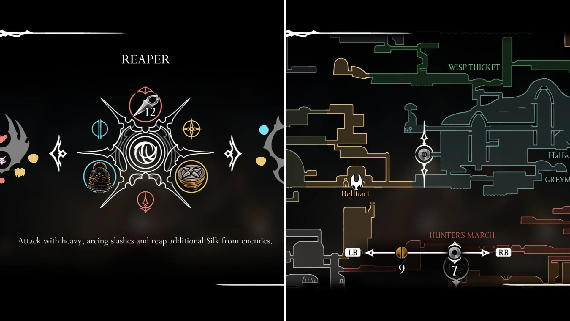 Hornet dùng Reaper Crest, kim chiến đấu hóa liềm tử thần trong Silksong.