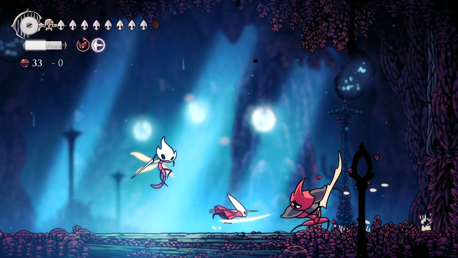 Hornet né tránh đòn Coral Slash của kẻ địch cơ bản trong phòng đầu tiên của Coral Tower, Hollow Knight Silksong