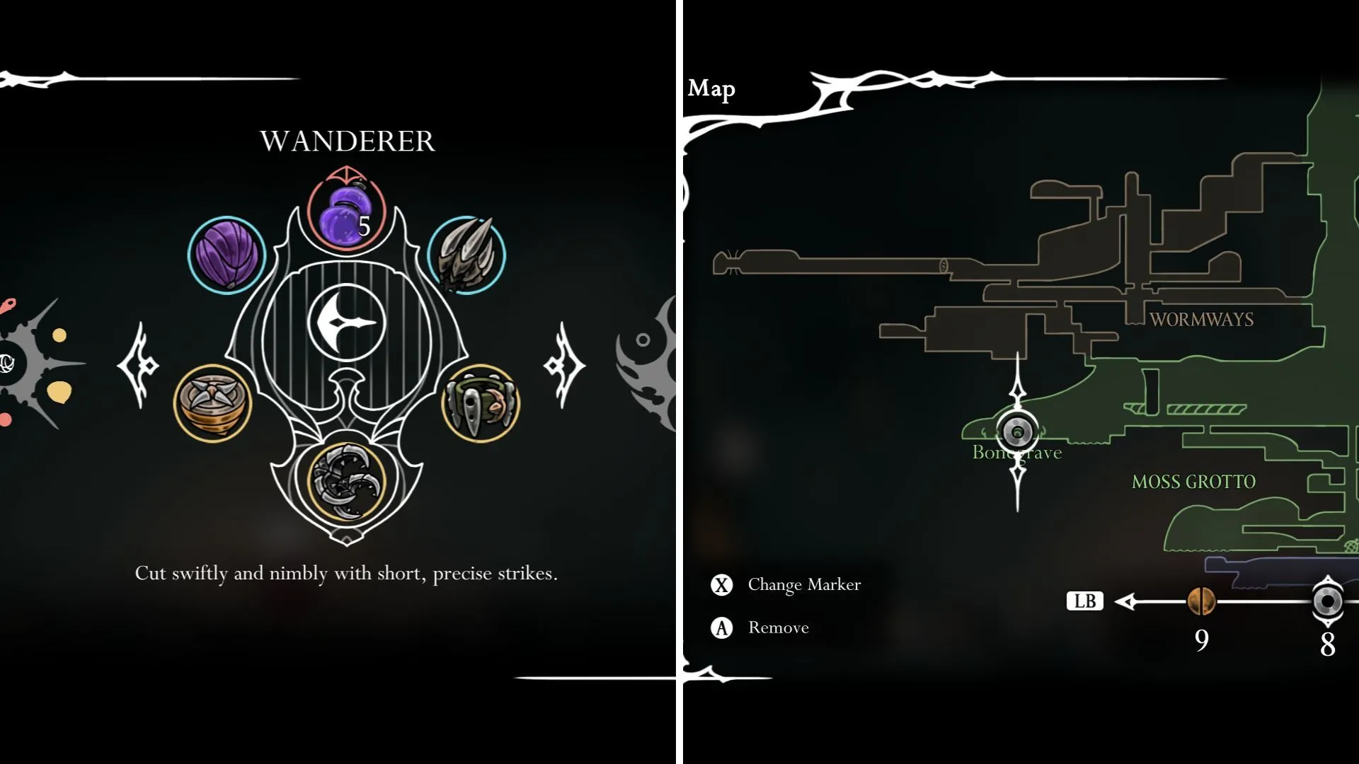 Hornet thực hiện những nhát chém nhanh với Wanderer Crest trong Hollow Knight Silksong.