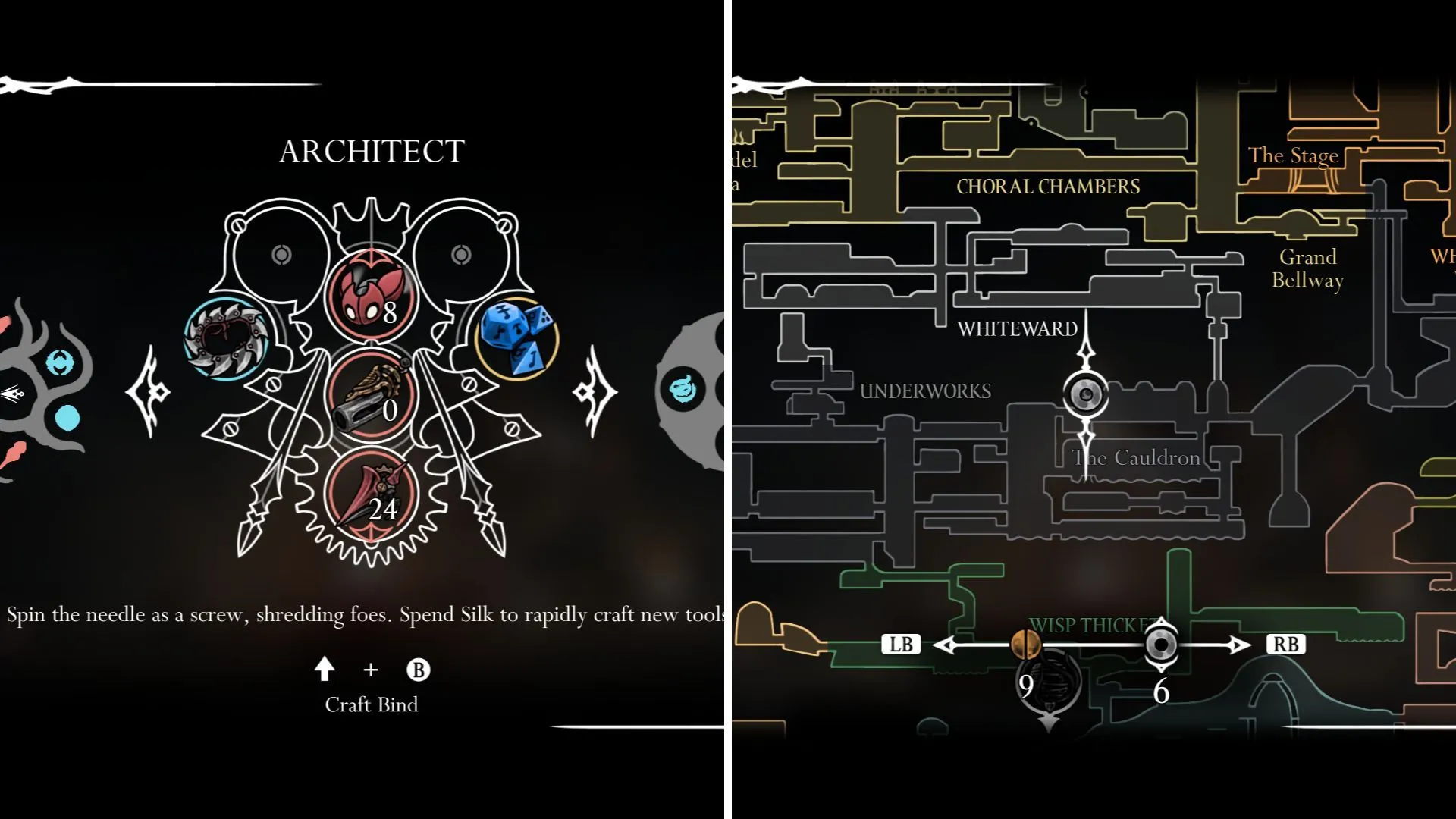 Hornet trang bị Architect Crest, kim chiến đấu hóa mũi khoan, tối ưu công cụ đỏ.