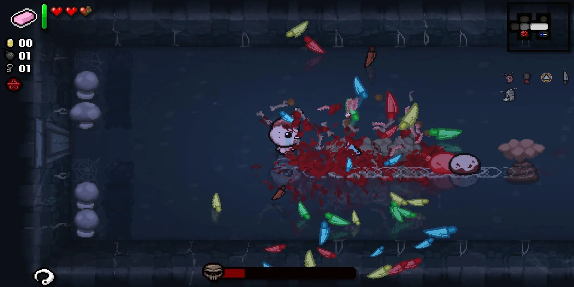 Isaac tấn công kẻ thù bằng những giọt nước mắt, biểu tượng gameplay đặc trưng của The Binding of Isaac