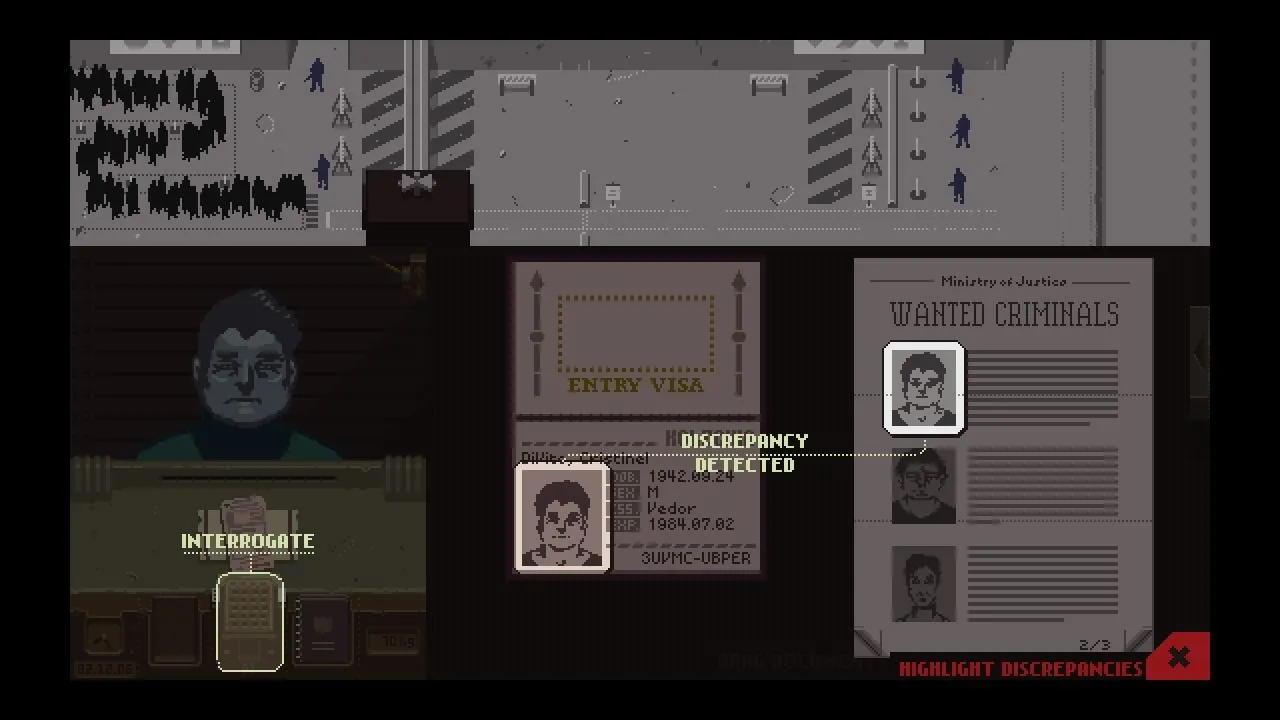 Kiểm tra giấy tờ và phát hiện điểm bất thường trong Papers, Please, minh họa gameplay mô phỏng kiểm soát biên giới.