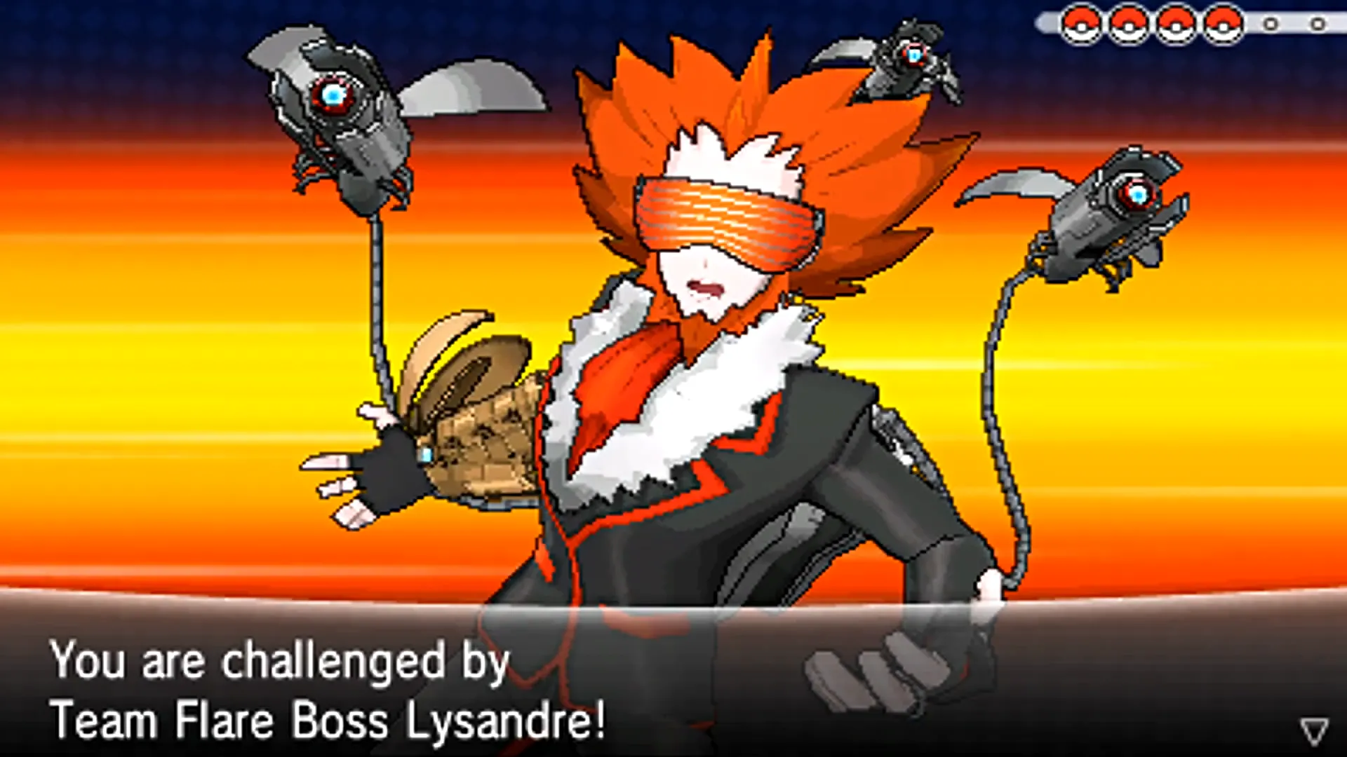 Lysandre với vẻ mặt thách thức trong Pokemon XY