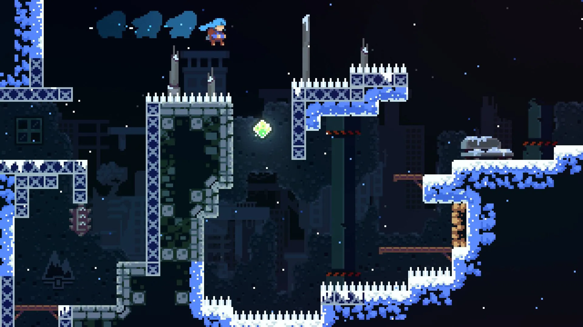 Madeline nhảy qua những hàng gai sắc nhọn trong Celeste, thể hiện độ khó và đòi hỏi sự chính xác cao của gameplay platformer.