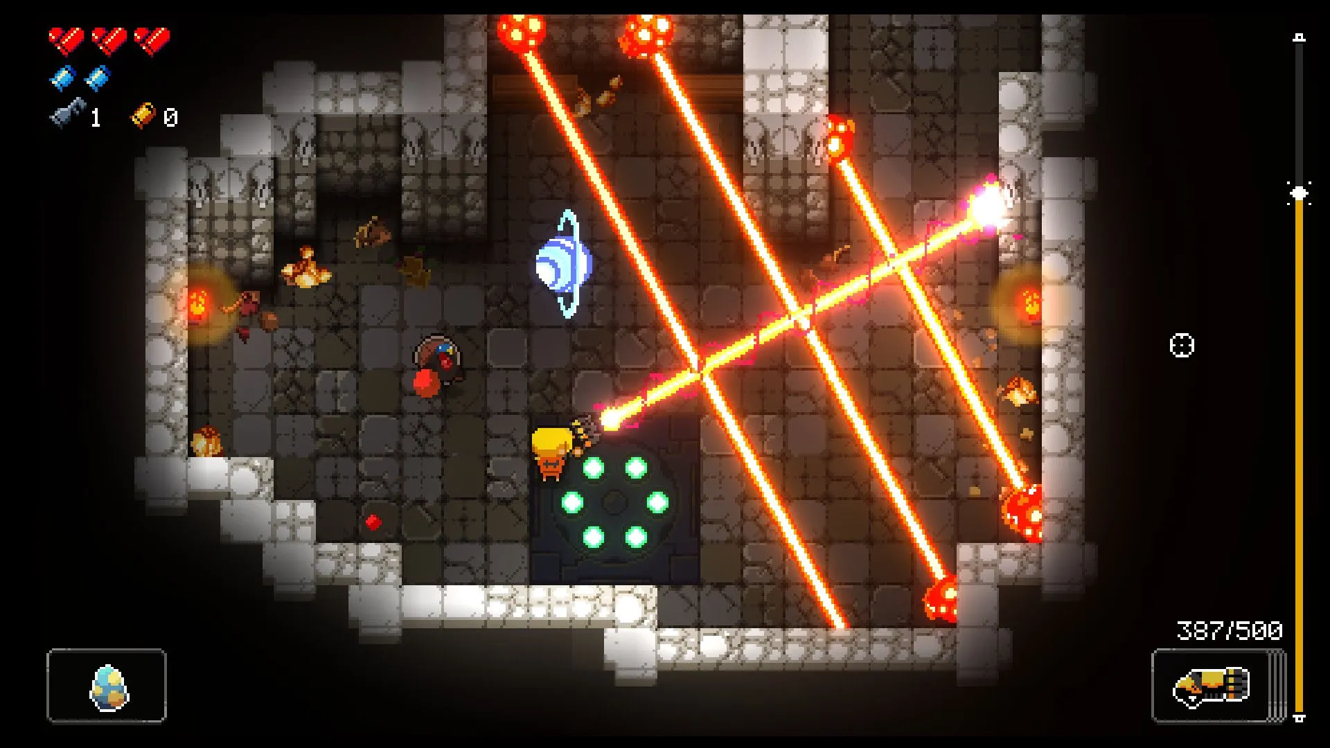 Màn hình đầy đạn và tia laser trong Enter the Gungeon, minh họa lối chơi bullet hell căng thẳng.