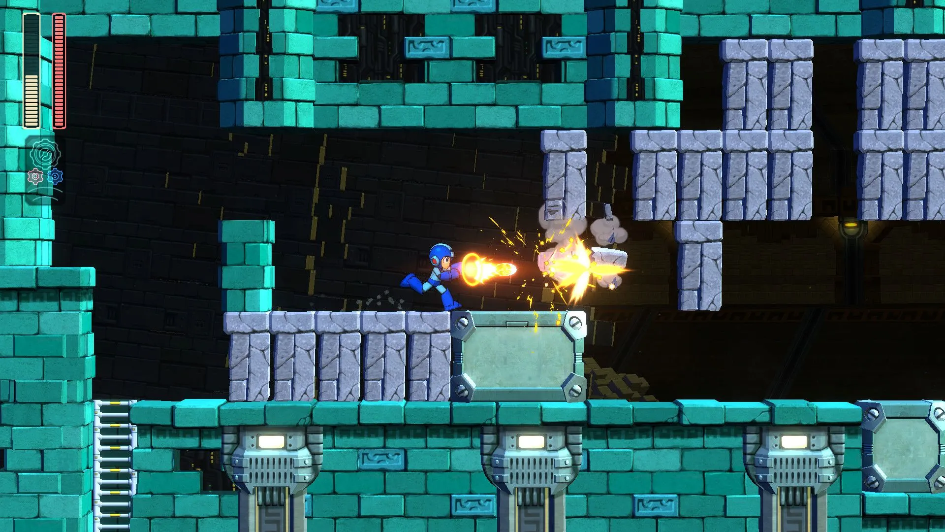 Mega Man bắn xuyên tường trong Mega Man 11, một ví dụ về lối chơi platformer kết hợp bắn súng năng động.