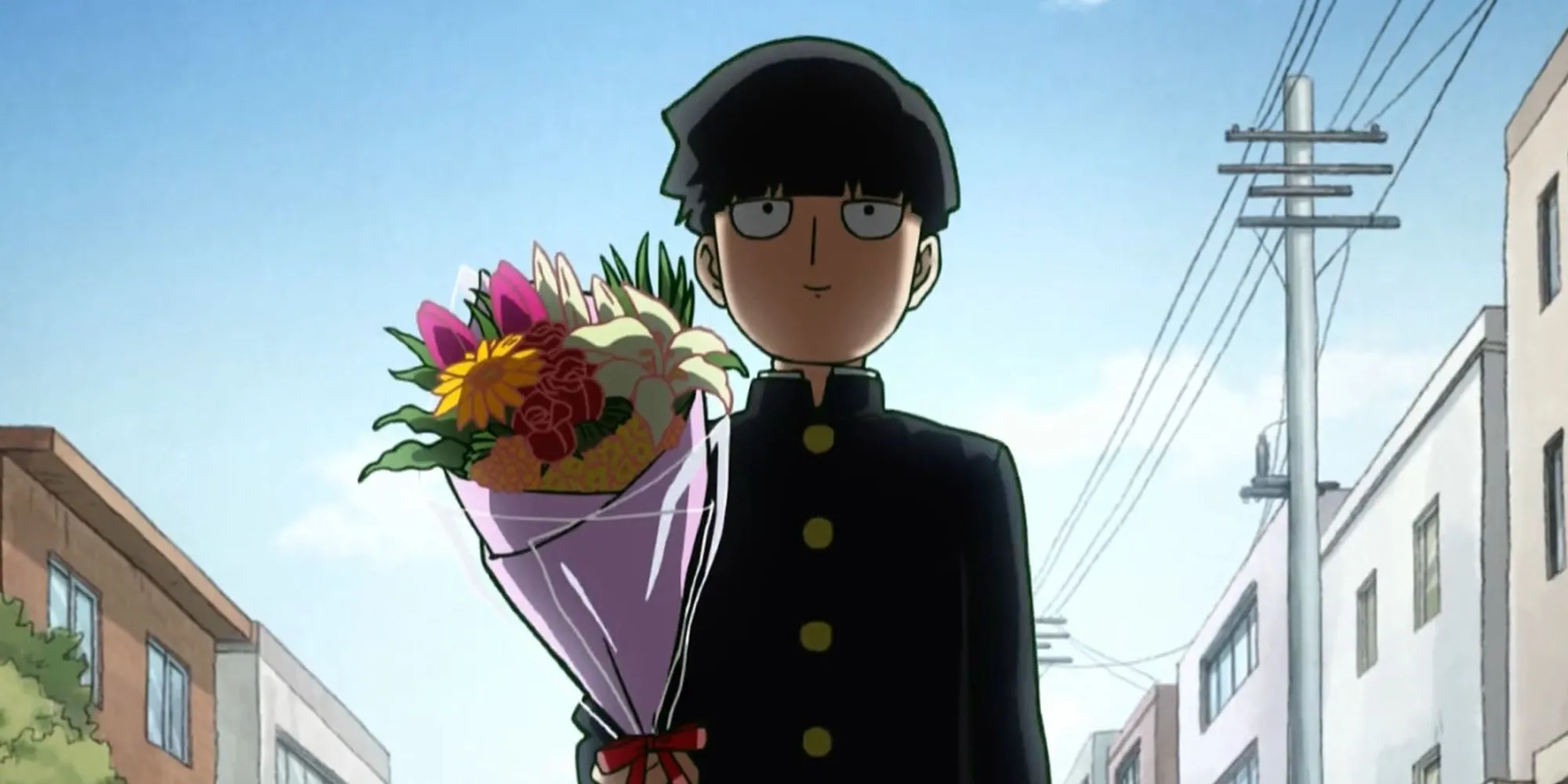Mob Shigeo Kageyama cầm bó hoa, hy vọng được tỏ tình với Tsubomi trong Mob Psycho 100