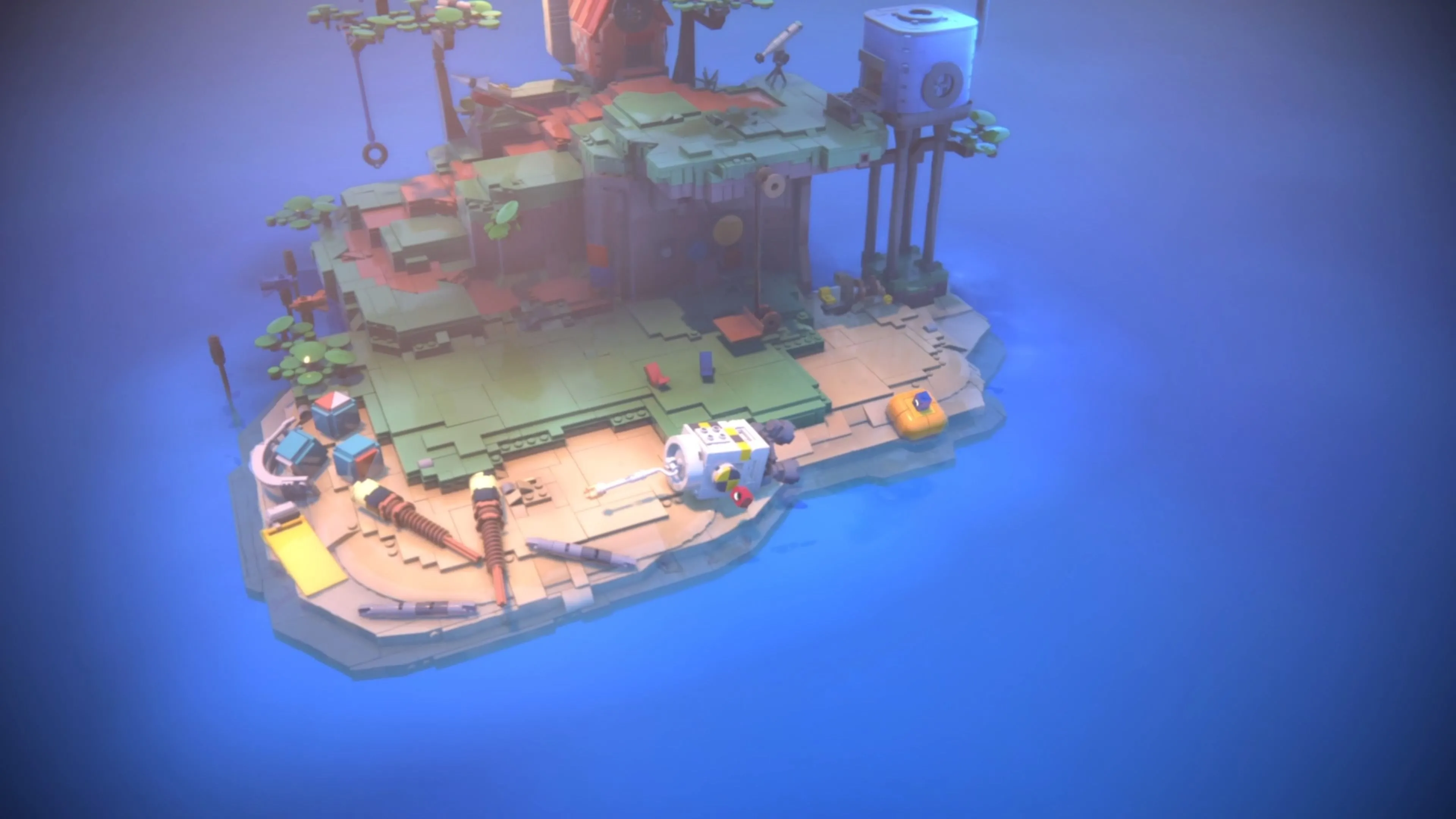 Một thùng chứa màu vàng dạt vào bờ biển trong LEGO Voyagers.