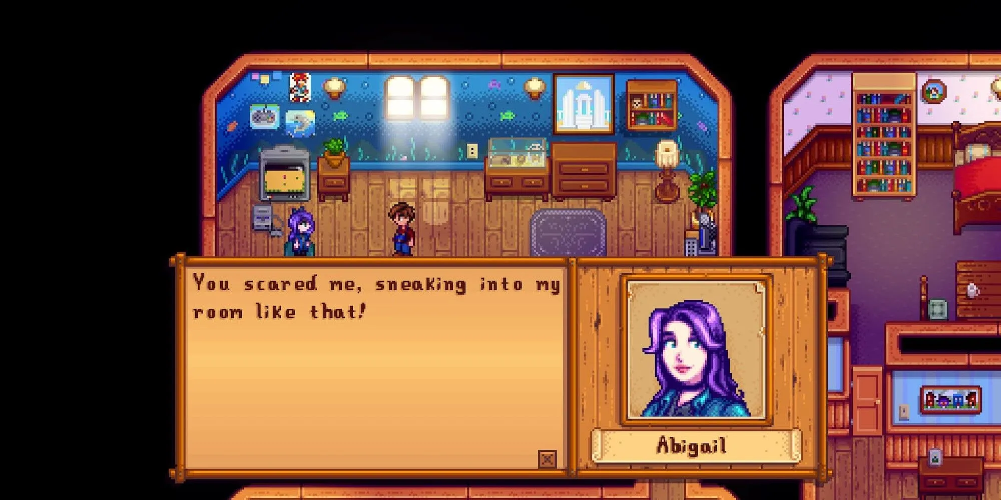 Người chơi trò chuyện với Abigail, một NPC được yêu thích trong Stardew Valley