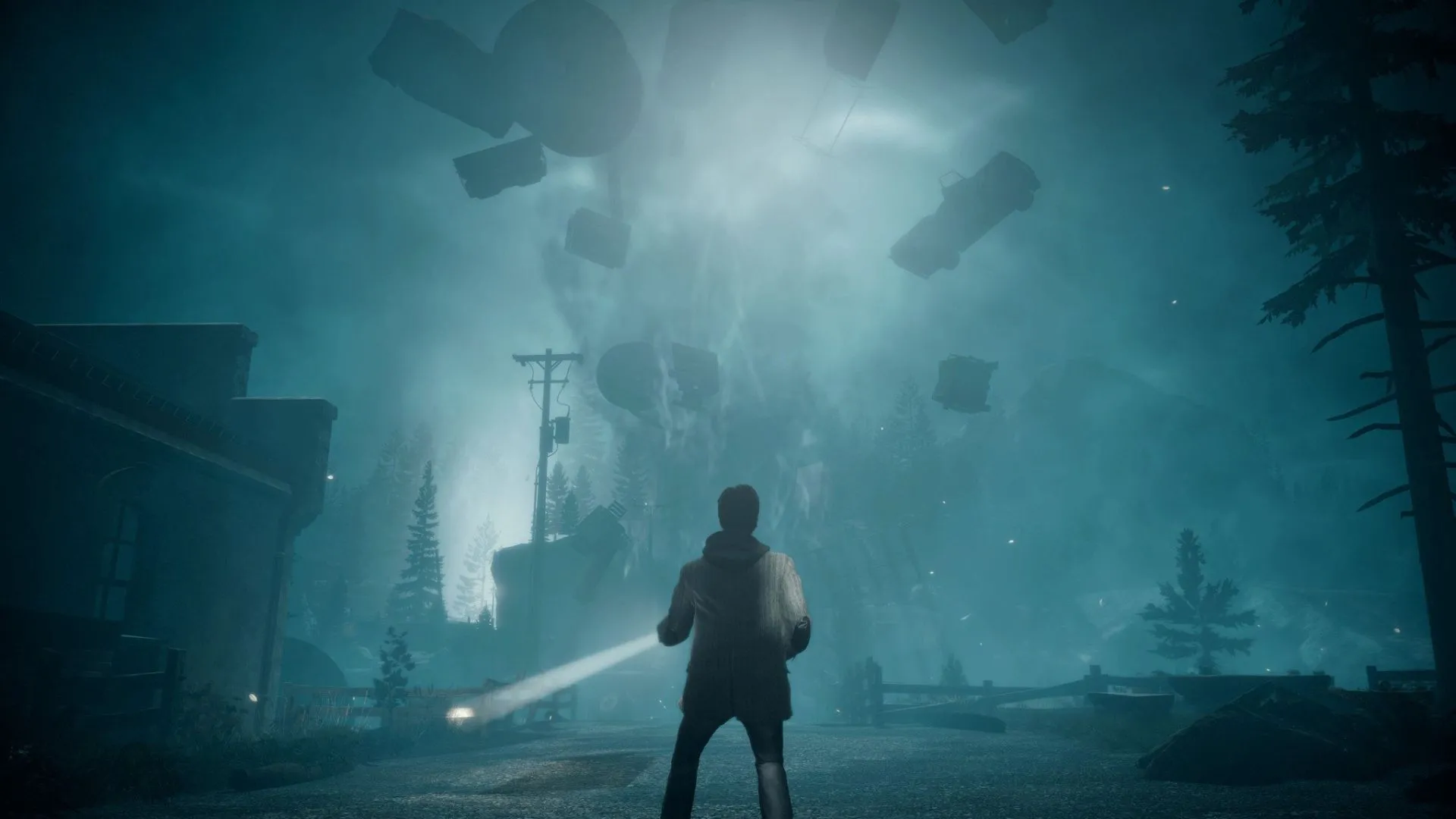Nhà văn Alan Wake cầm đèn pin và súng trong môi trường tối tăm, đối đầu với thực thể bóng tối