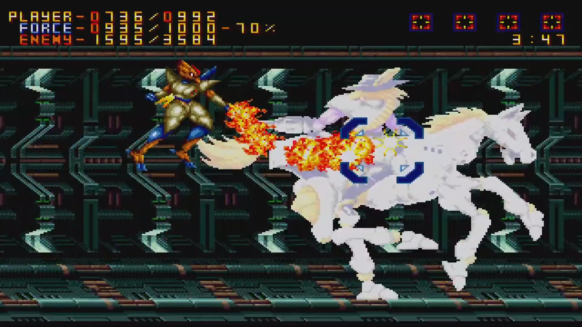 Nhân vật Epsilon Eagle chiến đấu với Wolfgunblood trong Alien Soldier, một trong số lượng lớn các trận đấu boss của game.