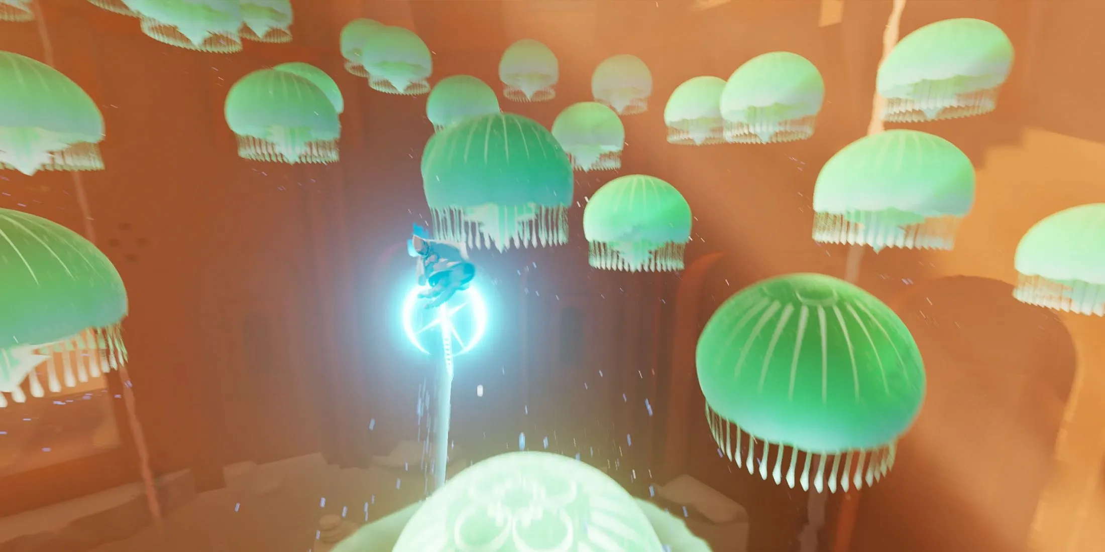 Nhân vật nhảy qua đàn sứa phát sáng, một yếu tố platforming đặc trưng trong Sword of the Sea.