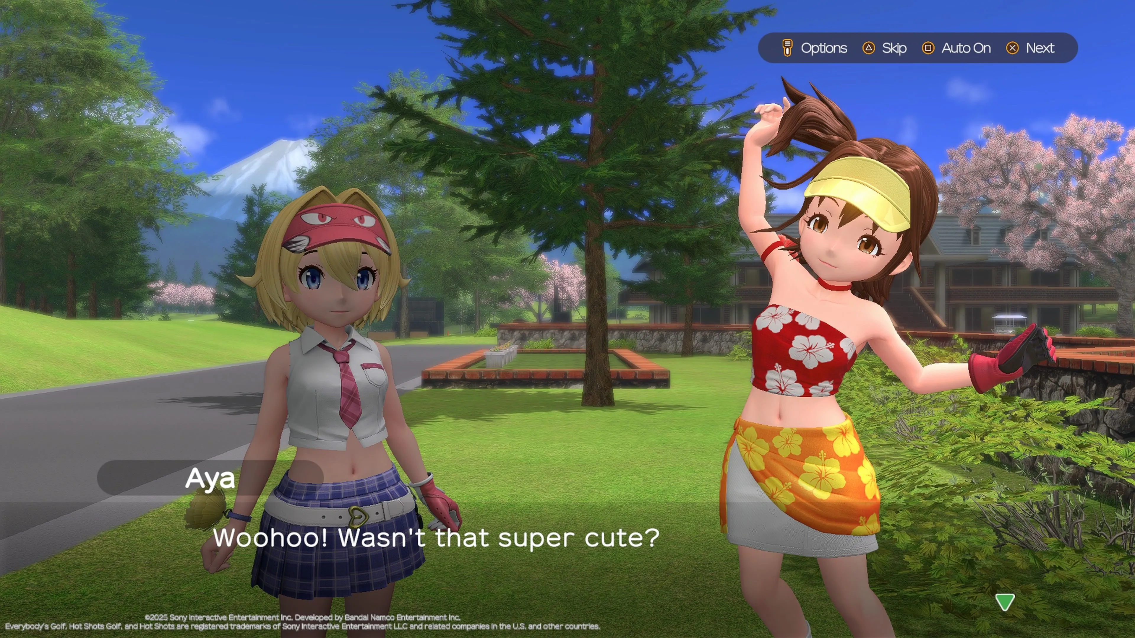 Nhân vật nữ trong Everybody's Golf Hot Shots với biểu cảm khó chịu, minh họa lời thoại lặp đi lặp lại.