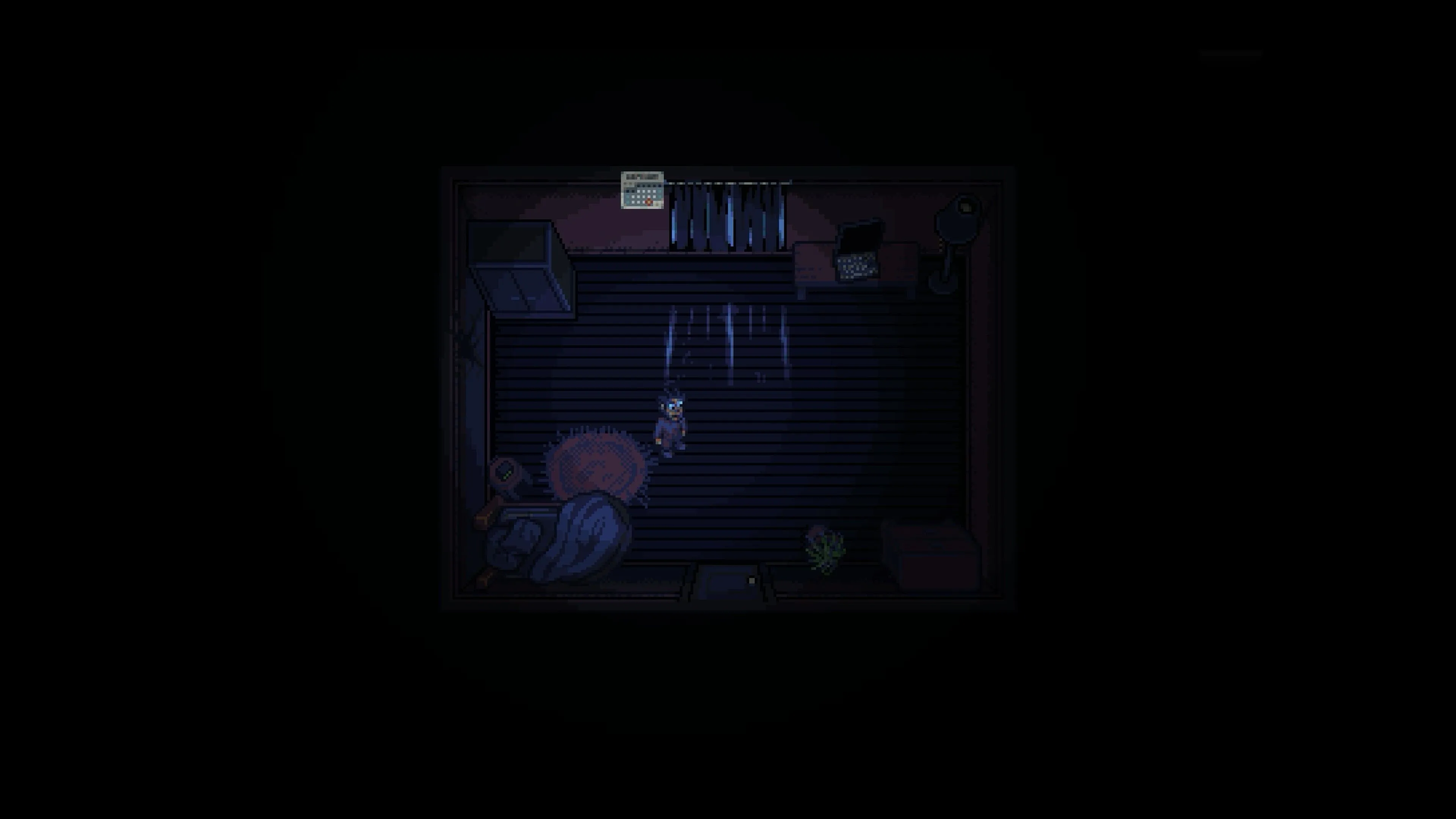 Nhân vật Sam trong một khung cảnh u ám từ game kinh dị Look Outside, thể hiện sự rùng rợn và body horror.