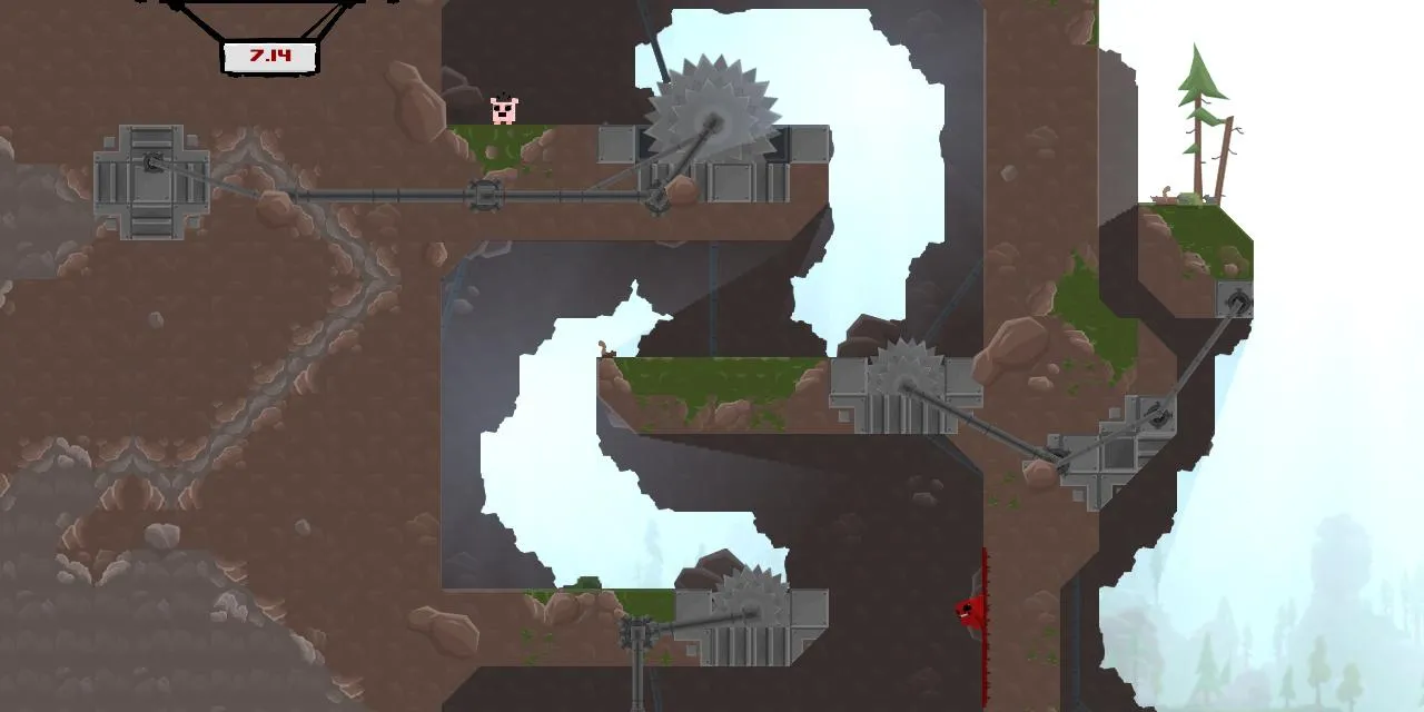 Nhân vật Super Meat Boy trong một màn chơi đầy chướng ngại vật