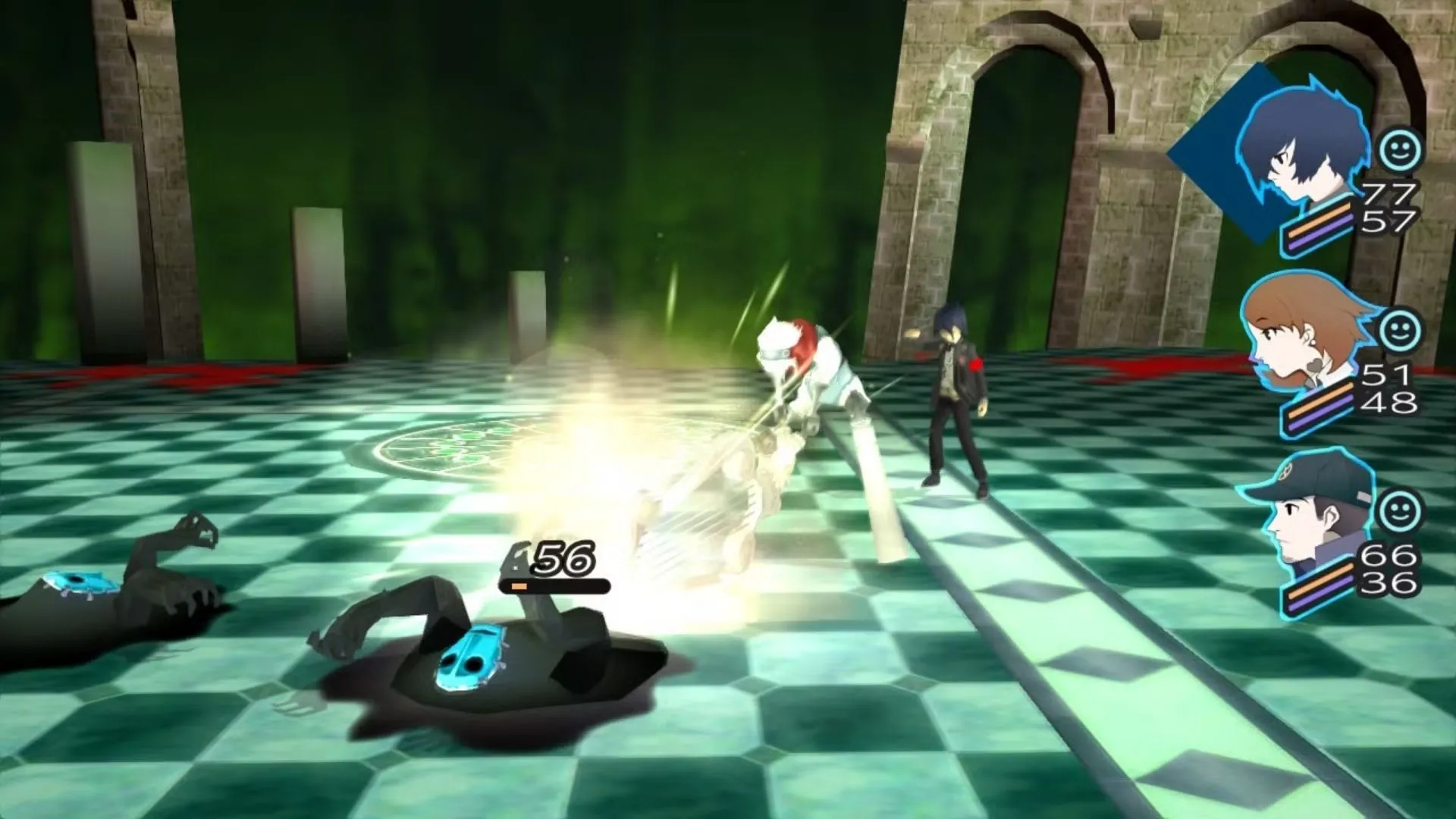 Nhóm nhân vật chính đối mặt với thực thể Shadow trong Dark Hour của Persona 3, thể hiện yếu tố kinh dị JRPG