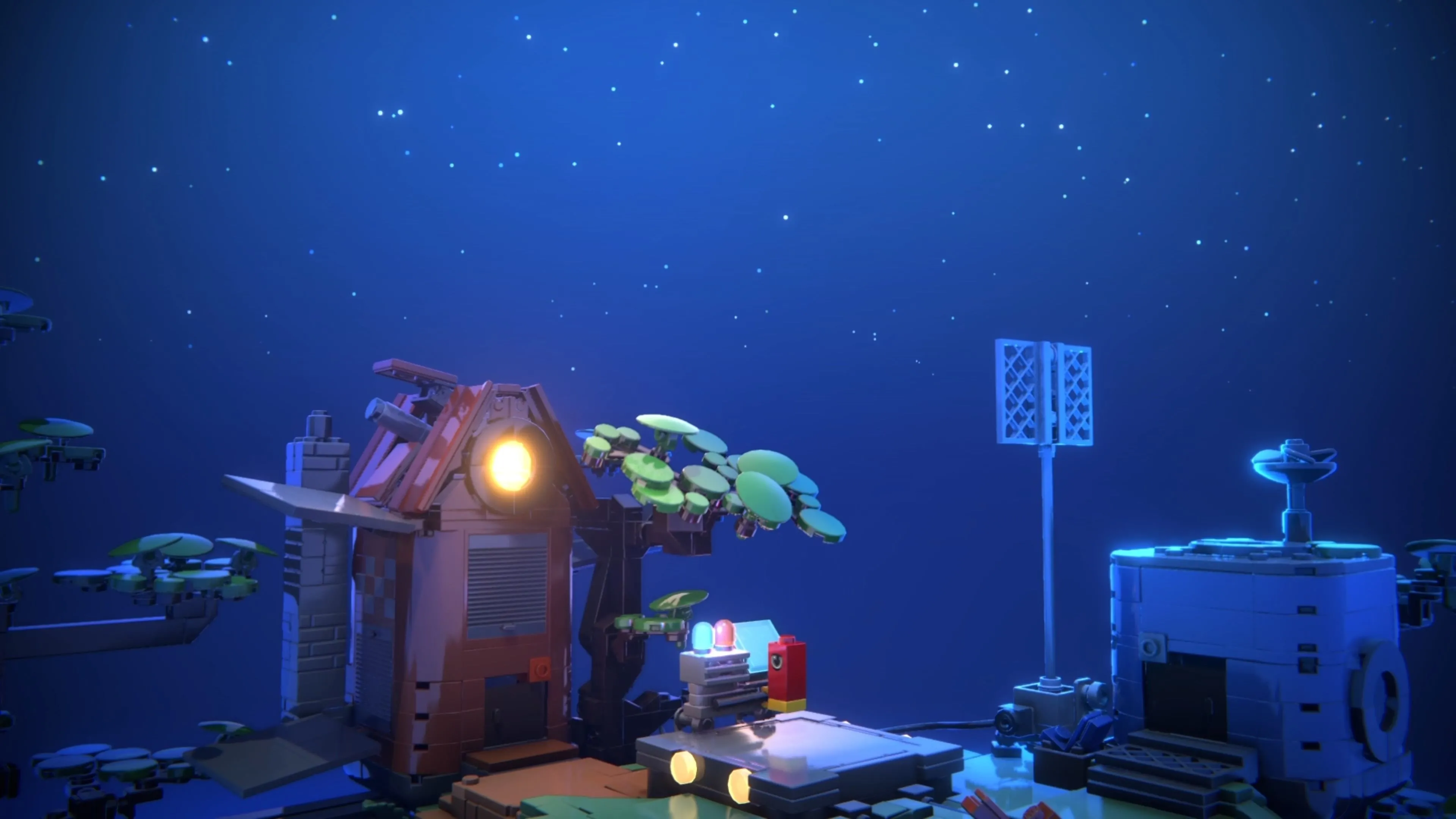 Red trong LEGO Voyagers ngồi ở radio, phát hiện tàu tên lửa của Blue trên bầu trời và giao tiếp lần cuối.
