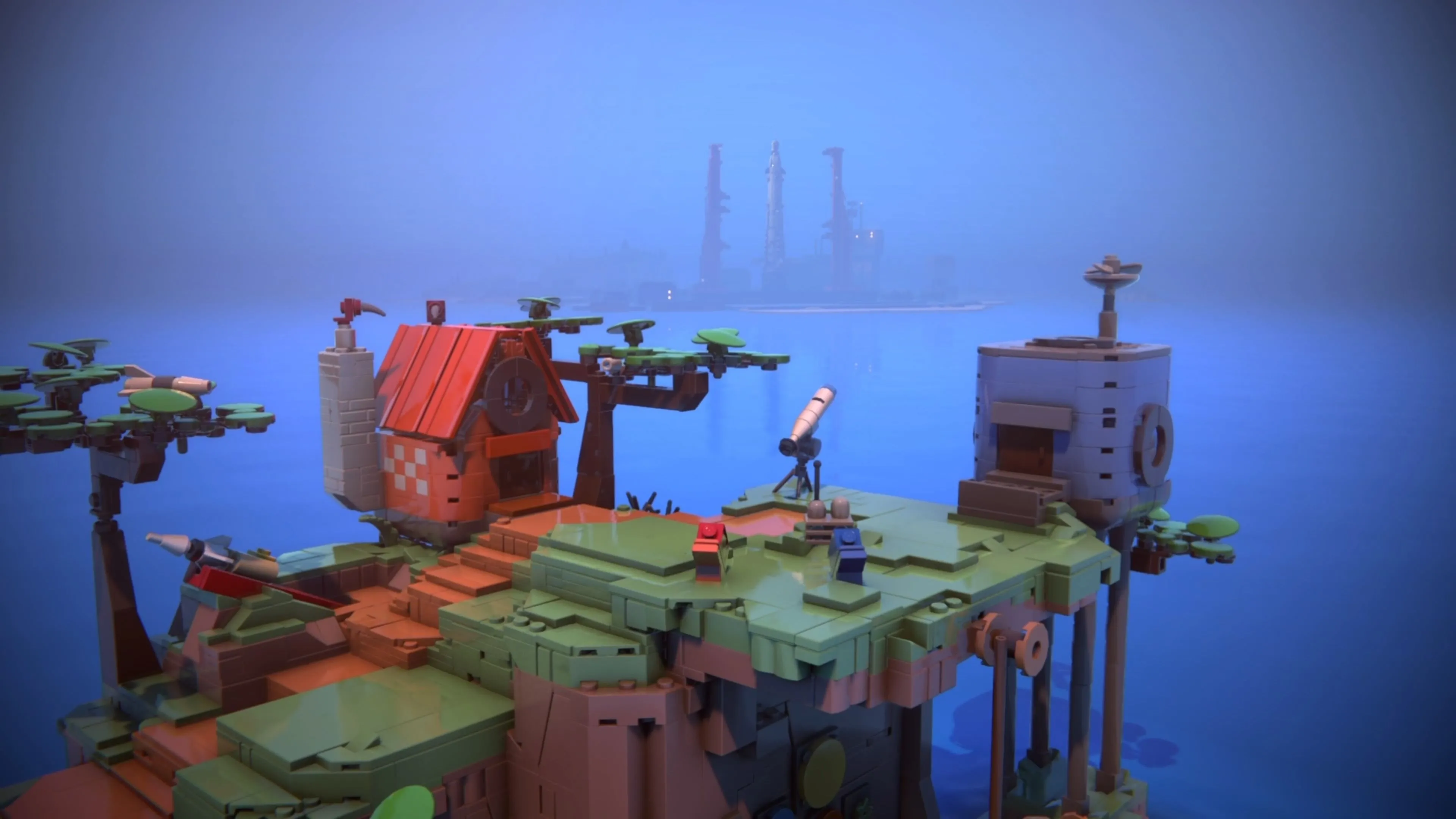 Red và Blue ngồi trên ghế, nhìn ra ngoài cửa sổ để xem tàu con thoi phóng trong LEGO Voyagers.