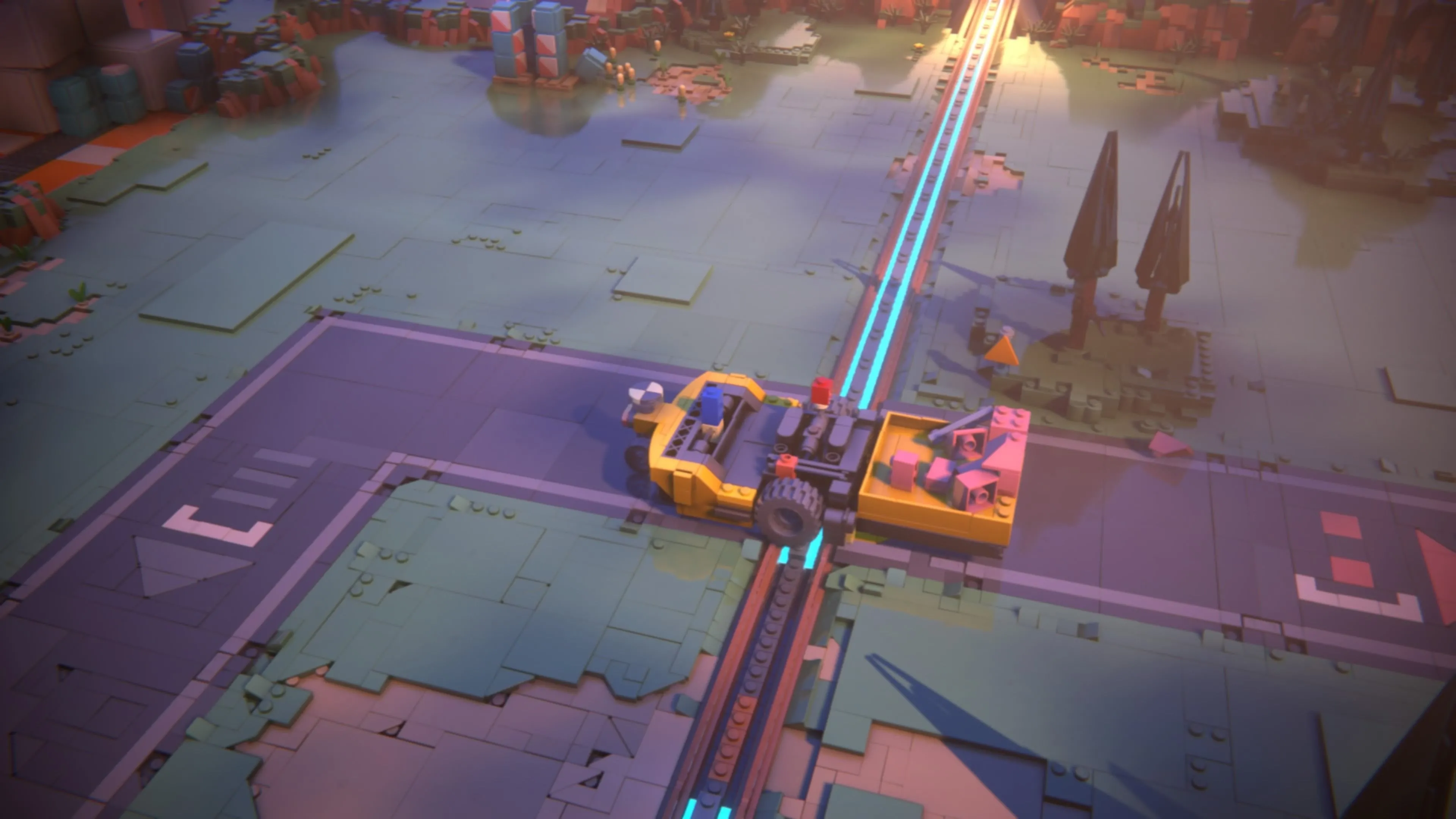 Red và Blue trong LEGO Voyagers để xe tải trên đường ray để tàu tông vào, kiếm thành tựu &quot;Dangerous Parking&quot;.