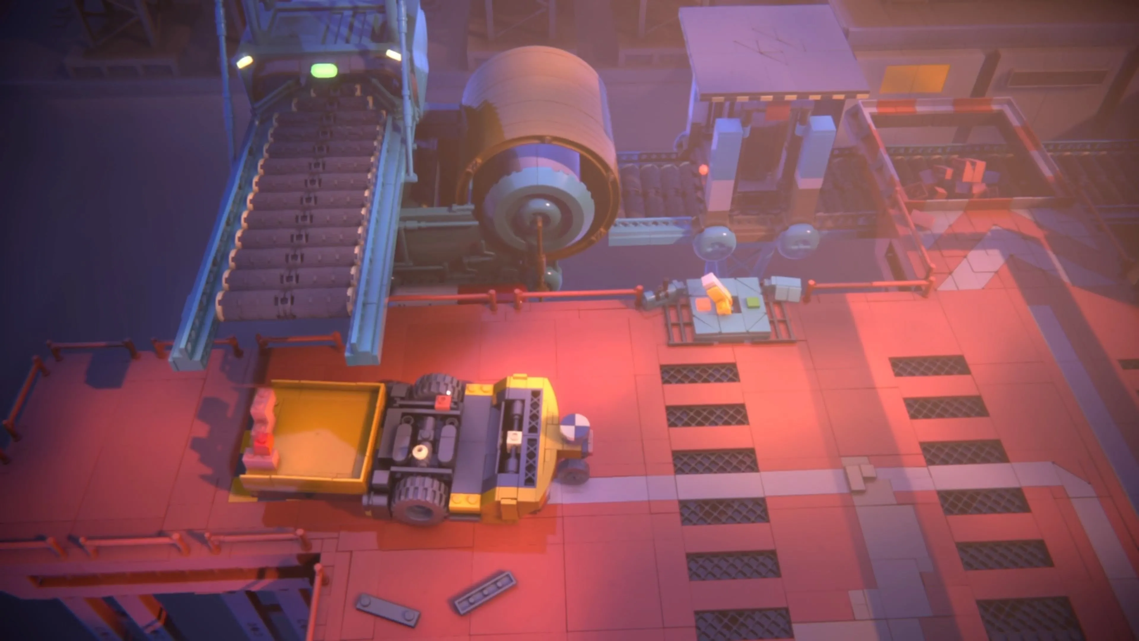 Red và Blue trong LEGO Voyagers đổ gạch đỏ vào khu vực băng chuyền để sản xuất đường ray.