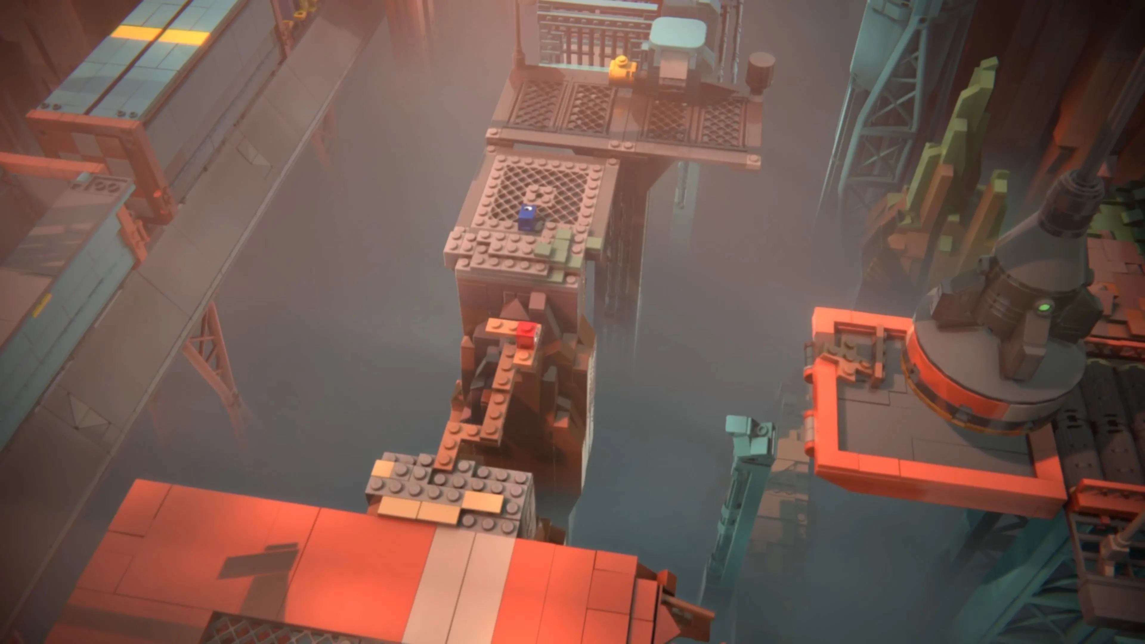 Red và Blue trong LEGO Voyagers xây cầu bằng gạch nâu, cẩn thận tránh nam châm lớn.