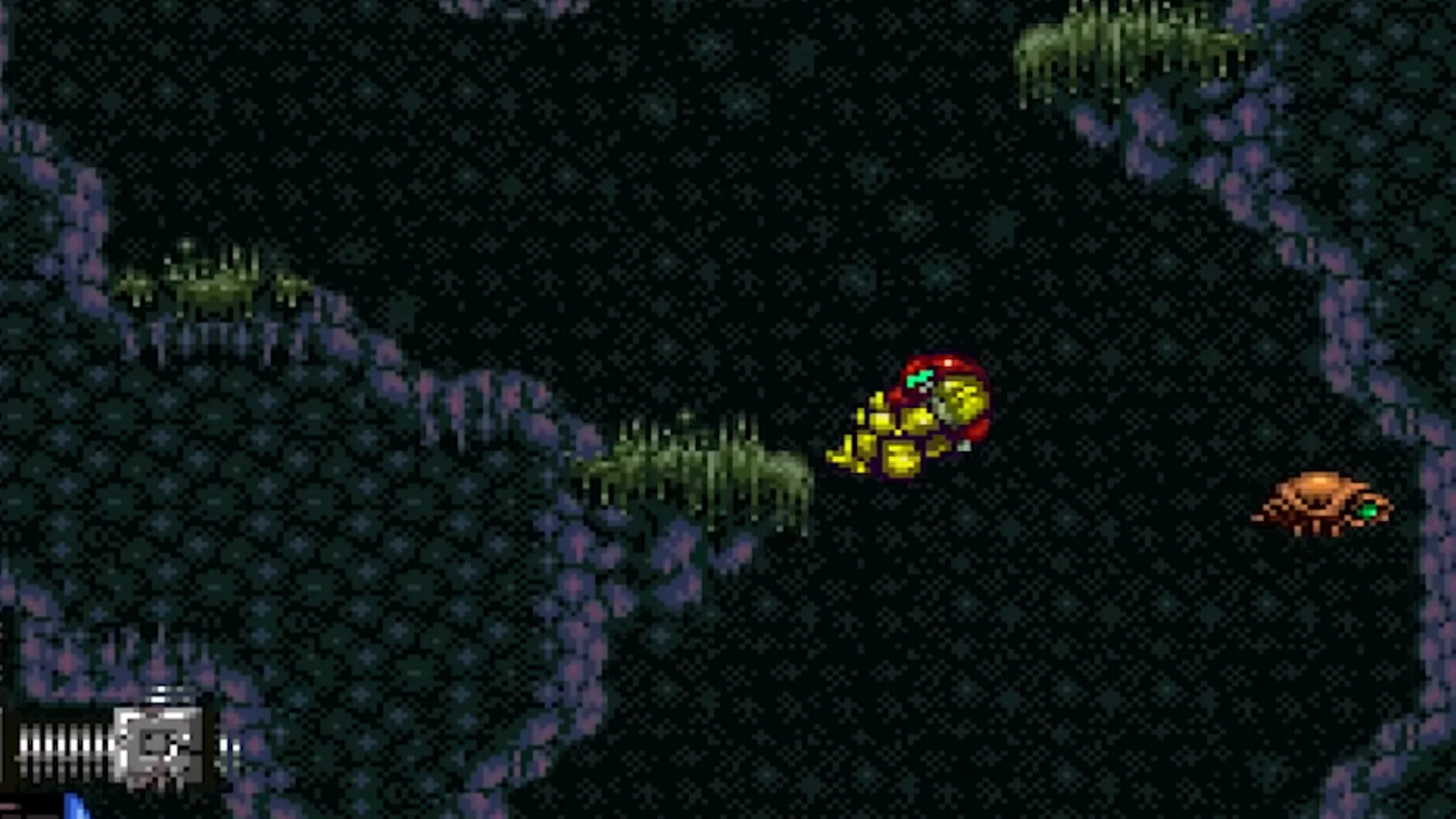 Samus Aran trong Super Metroid với môi trường hành tinh Zebes