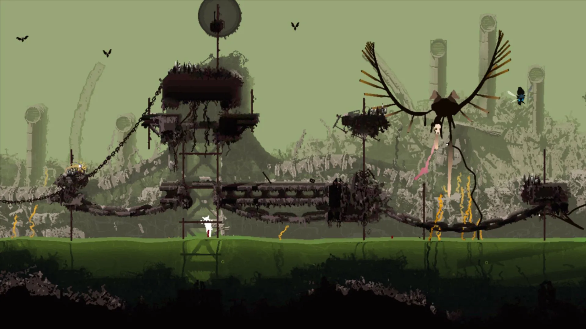 Slugcat đối mặt với nguy hiểm từ sinh vật săn mồi trong thế giới khắc nghiệt của Rain World, đặc biệt căng thẳng vào ban đêm