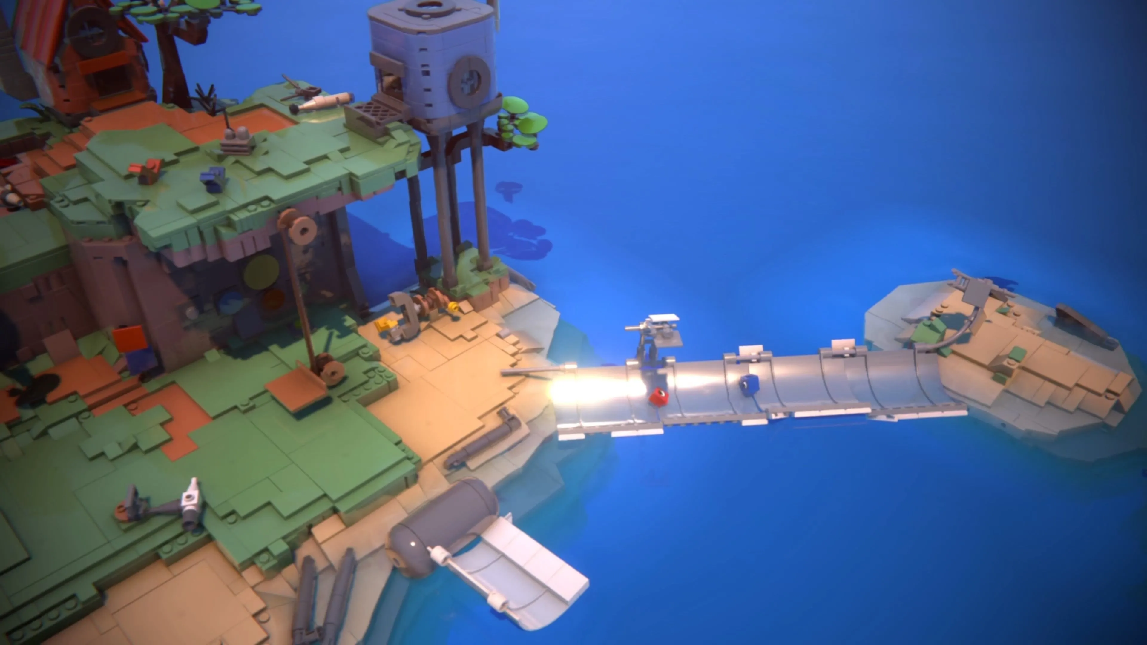 Tàu con thoi bị rơi, tạo ra một cây cầu bằng mảnh vỡ cho Red và Blue trong LEGO Voyagers.