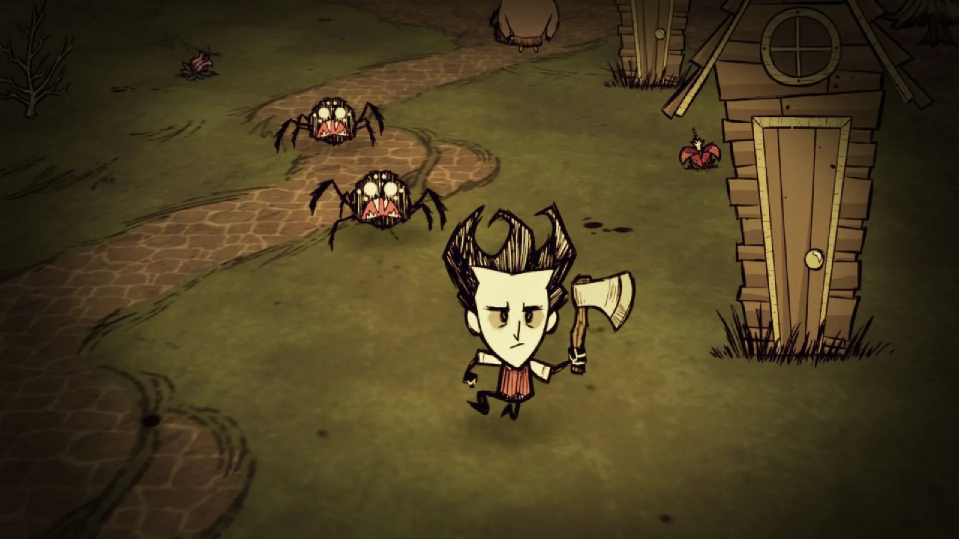 Wilson từ Don't Starve tìm cách sinh tồn trong đêm tối đầy nguy hiểm, thể hiện phong cách nghệ thuật độc đáo